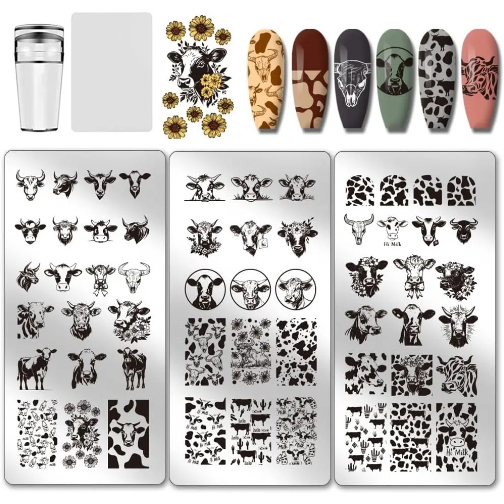 Nail Art Stamping Kit - 3pcs Cow-Theme Nail Stamping Plates 56
